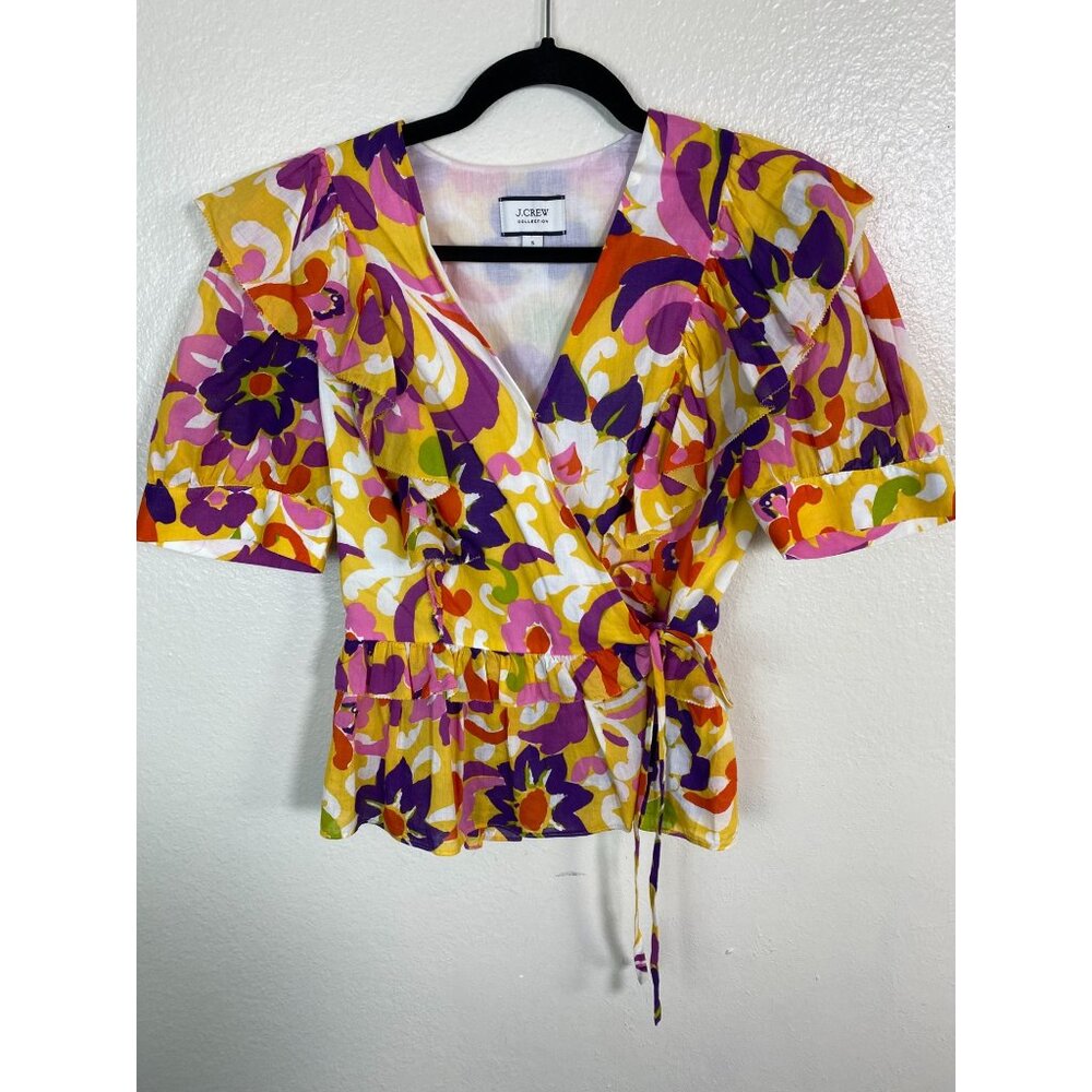 J.‎ Crew Collection Womens Wrap Top Ruffle Floral size Small Boho Short sleeve